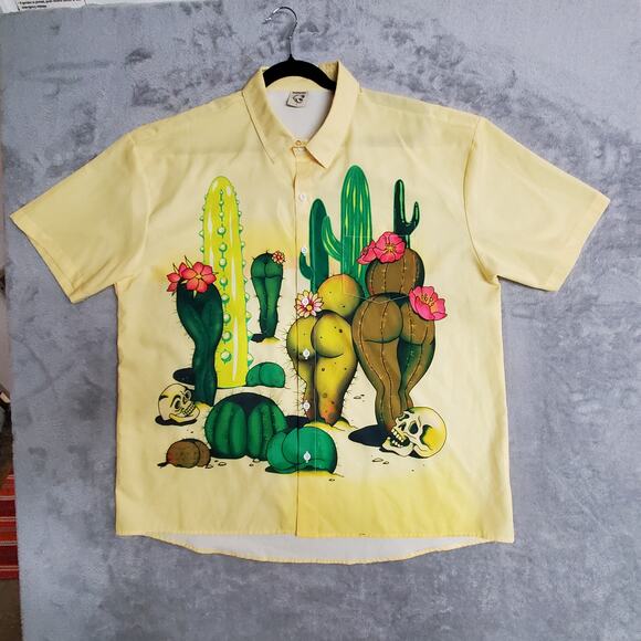Hardaddy Camp Hawaiian L Shirt Yellow Desert Scene Sexy Buttocks Cactus Skull - Picture 2 of 9